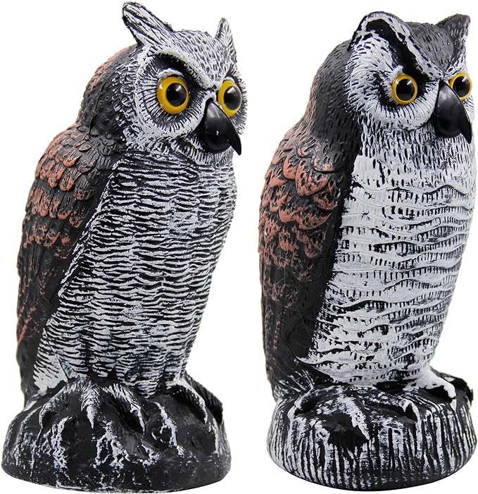 Hausse 2 Pack Fake Horned Owl Bird Scarecrow Decoy 10.5 Inch Height, Plastic Deterrents, Halloween Decoration, Nature Enemy Pest Repellent for Outdoor Garden Yard