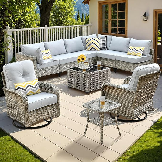 Outdoor Sectional Patio Furniture Set with Swivel Rocking Chairs,10 Pieces Wicker Conversation Sets L Shaped Couch Out Door Sofa Set Outside Furniture for Garden Deck Yard Porch,Grey