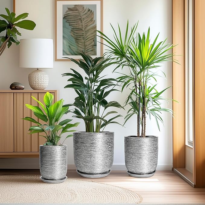 12 Inch Plant Pot - Ceramic Planter for Indoor Outdoor Plants, Modern Round Decorative Flower Pot with Drainage Hole and Saucer, Housewarming Gifts, Home Patio Decor, Silver