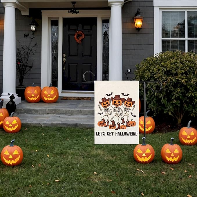 Let's Get Halloweiro Halloween Garden Flag for Outside, 12x18 Inch Double Sided Halloween Pumpkin Yard Flag, Farmhouse Small Yard Flags for Outdoor Decorations, Holiday Decor Gifts-A10
