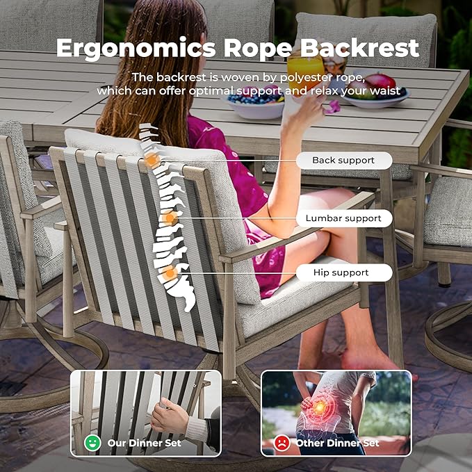 HAPPATIO 9-Piece Patio Table and Chairs Set for 8, Aluminum Outdoor Dining Set with Cushions, 8 Swivel Dining Chairs, 1 Large Rectangular Table with Umbrella Hole for Lawn, Porch, Backyard, Grey