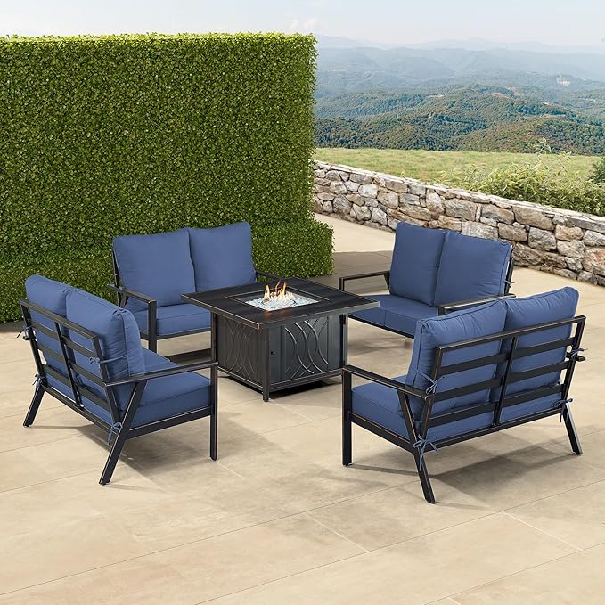 Oakland Living Black Aluminum Patio Fire Table Set with Four Deep Seating Loveseats with Cushions with Blue Cushions