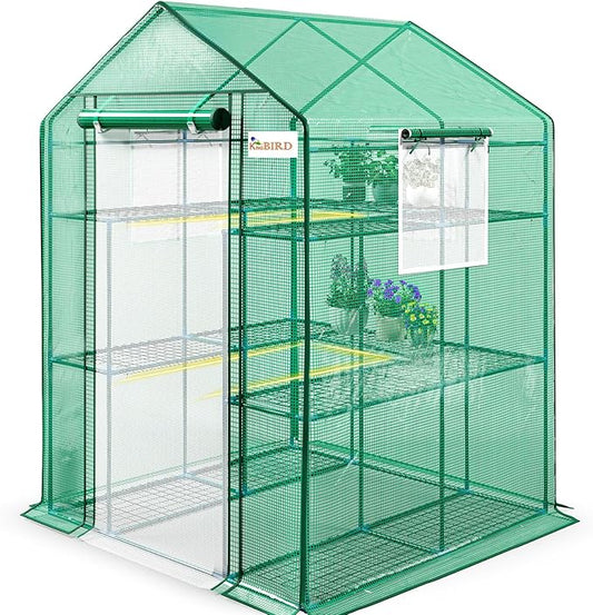 KING BIRD Premium Greenhouse for Outdoors, 56 x 56 x 77 Upgraded PE Cover & Steel Frame Walk in Hot House, w/ Zippered Screen Windows Mesh Door, 3 Tiers 14 Shelves for Outside Garden, Green