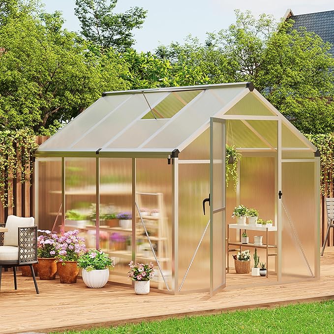 6x8 FT Greenhouse for Outdoors, Polycarbonate Flower Greenhouse with Roof Vent, Push-Pull Lockable Door, Aluminum Walk-in Greenhouses for Outside Garden Backyard, Patio, Lawn, Silver