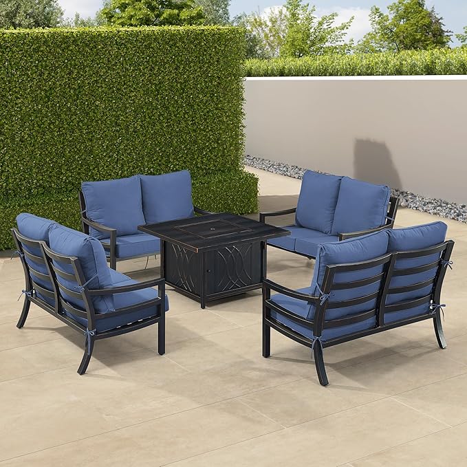 Oakland Living Black Aluminum Patio Fire Table Set with Four Deep Seating Loveseat with Cushions with Blue Cushions