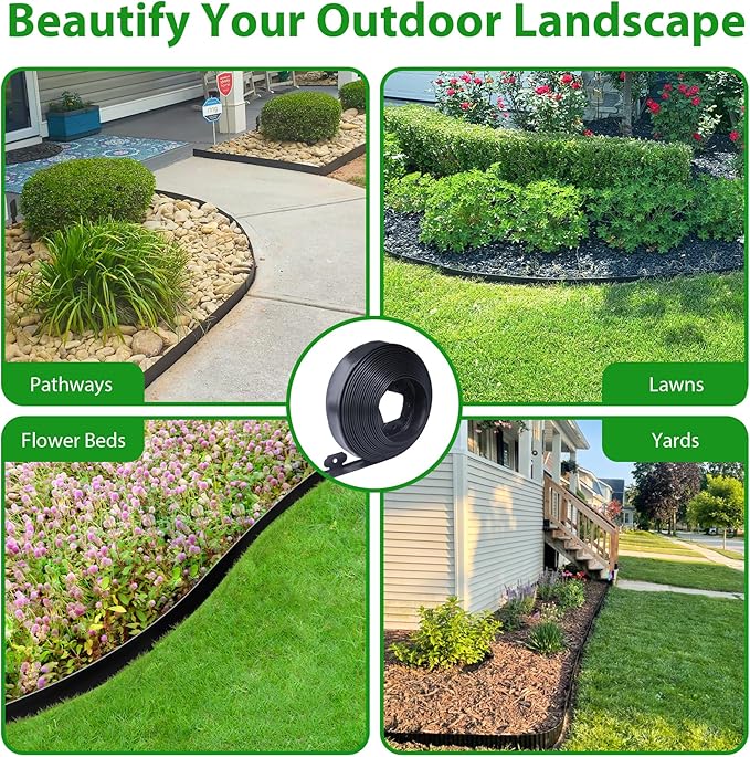 Landscape Edging Border 60 FT 2 Inch Tall with 120 Spikes, Plastic Edging for Landscaping, Garden Edging Border， Flower Bed, Paver and Lawn Edging Border, Black