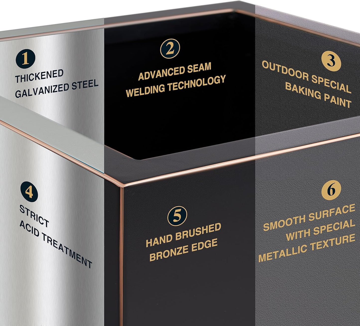 Metallic Heavy Cube Planter Box, No Assemble, Seamless Large Square Planter for Trees, Plants and Flowers 21”Lx21”Wx24”H 35Pounds Black with Hand Brushed Gold Rim