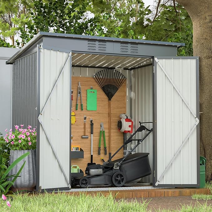 10X8 FT Outdoor Storage Shed, All Weather Metal Sheds with Lockable Doors, Tool Shed for Garden, Patio, Backyard, Lawn (Black with Floor Frame, 6x4 ft)