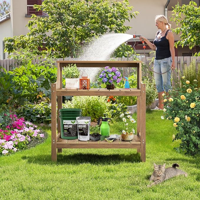 Potting Bench Table, HDPS Potting Bench with 4 Side Hooks, All-Weather Garden Table Work Station, Outdoor Potting Table for Porch, No Rust, No Fade, No Break, 360lbs Capacity (Teak, Large)