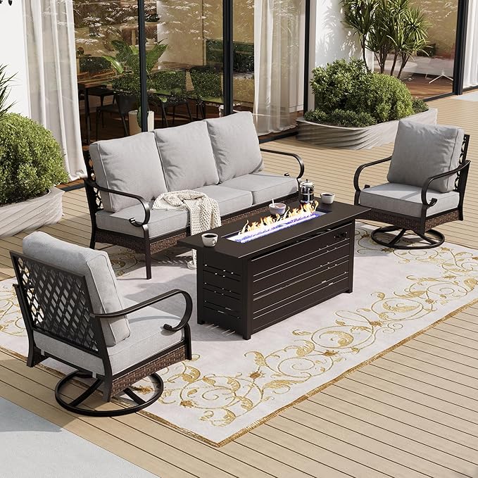 4 Piece Black Metal Outdoor Patio Furniture Sets with Firepit Table, Patio Conversation Sets 1 3-Seater Sofa, 2 Swivel Sofa with 5.75" Cushion Backyard Furniture for Deck, Light Gray