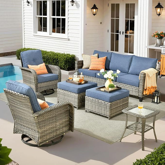 ovios 6 Pieces Patio Furniture Set, Outdoor Wicker Sofa Couch with Rocking Swivel Chairs Comfy Cushions, Modern Deep Seat Rattan Conversation Sets for Porch Deck, Denim Blue