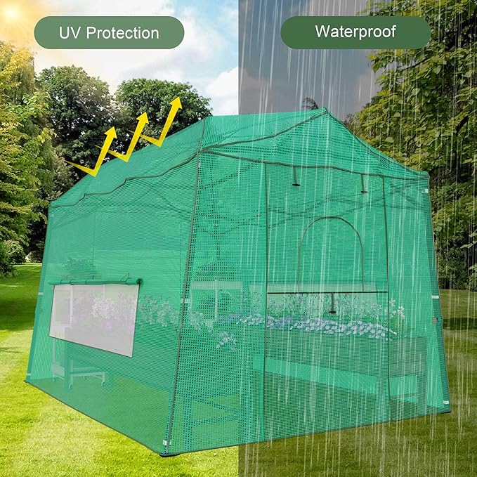 8.5 x 7 FT Walk-in Greenhouse, Portable Pop-up Green House 3 Adjustable Hights Heavy Duty Plant Gardening Canopy with Durable PE Cover for Indoor Outdoor (Clear and Green)