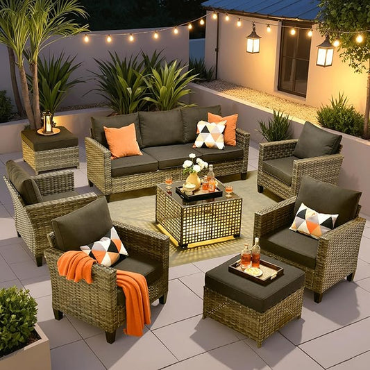 ovios 8 Pieces Patio Furniture Set Outdoor Sofa Couch with Solar Lights Table Comfy Cushions, Modern Deep Seat Wicker Rattan Conversation Set for Porch Deck, Black