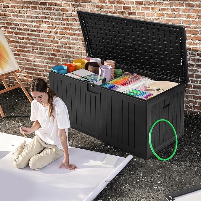 DWVO 150 Gallon Resin Outdoor Storage Box, XXL Double-Wall Waterproof Deck Box, Doubles as Table or Seating with 1000 lbs Capacity, Lockable (Black)
