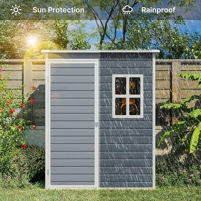 Gizoon 5x3 FT Outdoor Storage Shed with Lockable Door, Resin Weatherproof Plastic Garden Shed with Floor & Ventilation, Backyard Shed for Patio, Lawn Tools, Bike, and Toys