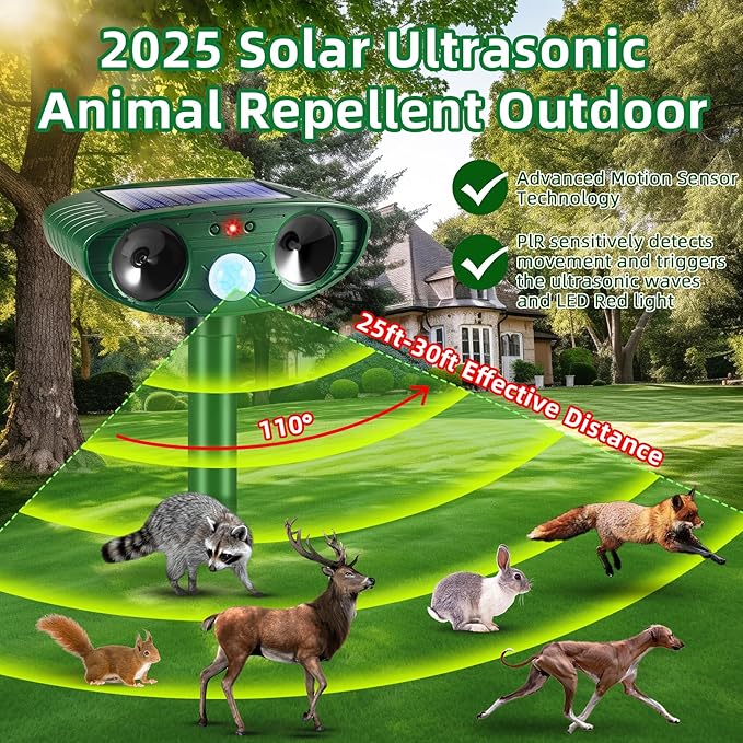 2 Pack 2025 Animal Repellent Ultrasonic Outdoor Squirrel Fortress Pro, Solar Repeller with Motion Sensor, Waterproof Dog Skunk Raccoon Rabbit Cat Deer Repellent for Yard Farm