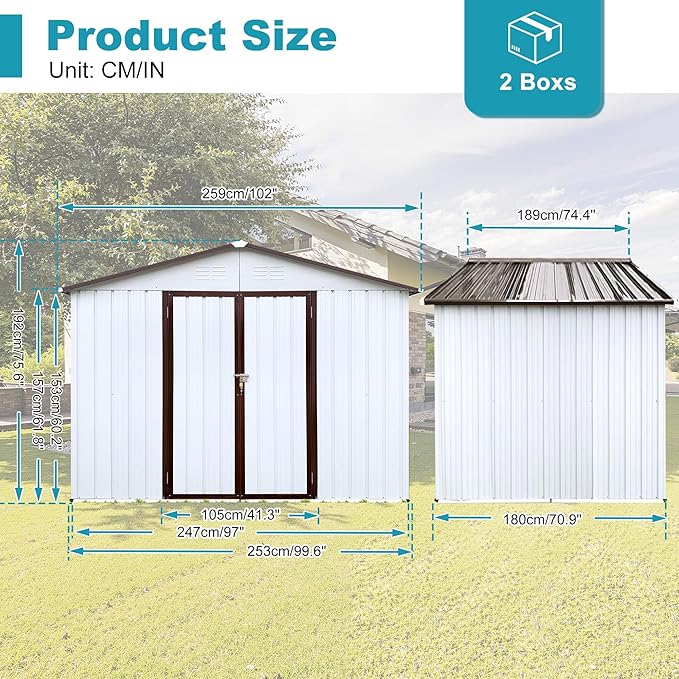 Storage Shed 8ft×6ft Classic Apex Roof Tool Shed Outdoor Storage Metal Garden Storage Sheds Tool Cabinet with Hinged Door Syste for Backyard, Patio, Poolside, White +Offee