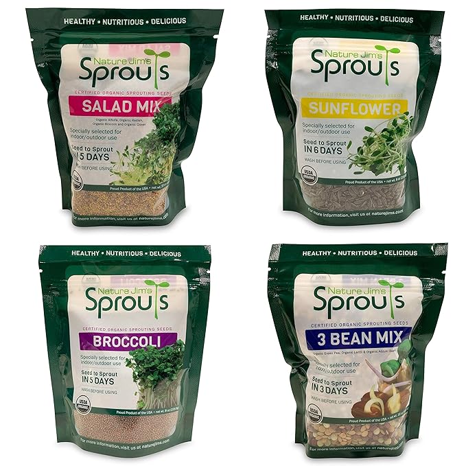 Nature Jims Sprouts 3 Bean Seed Mix - Certified Organic Green Pea, Lentil, Adzuki Bean Seeds for Planting - Non-GMO Vegetable Seeds - Resealable Bag for Freshness - Fast Sprouting Bean Seeds - 16 Oz