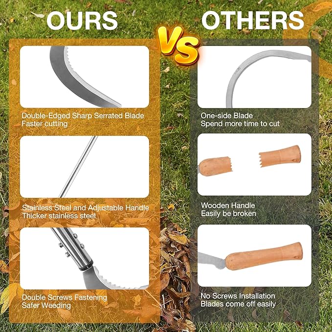 Long Handle Weeding Sickle, Sickle Garden Tool with Serrated Double-Edged Blade, Grass Sickle Stand Up Weeding Tool, Grass Whip for Yard