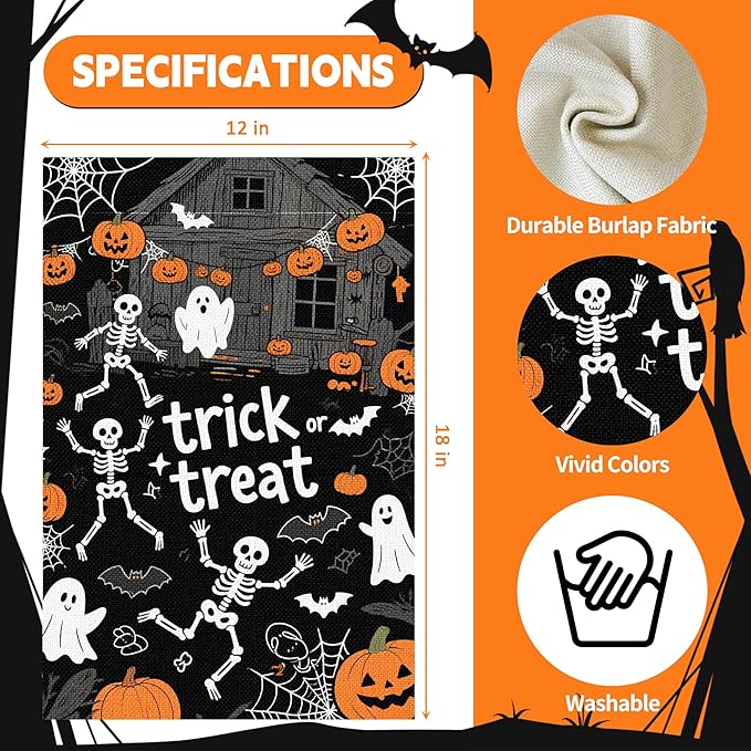 Halloween Garden Flag 12x18 Inch Double Sided, Outdoor Burlap Yard Decor for Porch, Patio, Holiday Decorations, Black