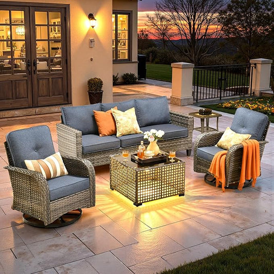 ovios 5 Pieces Patio Furniture Set, Outdoor Wicker Sofa Couch with Rocking Swivel Chairs Solar Lights Table, Modern Deep Seat Rattan Conversation Sets for Porch Deck, Denim Blue