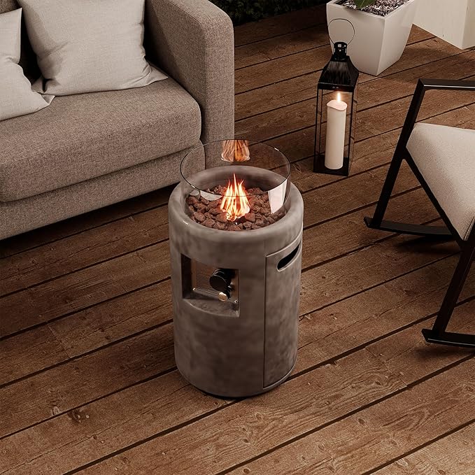SUNBURY Outdoor Propane Fire Pit, Stone Like Fire Pit Table with Glass Wind Guard, Waterproof Cover, 40000BTUS Small Column Firepit Garden Lighting, CSA Certified (Grey)