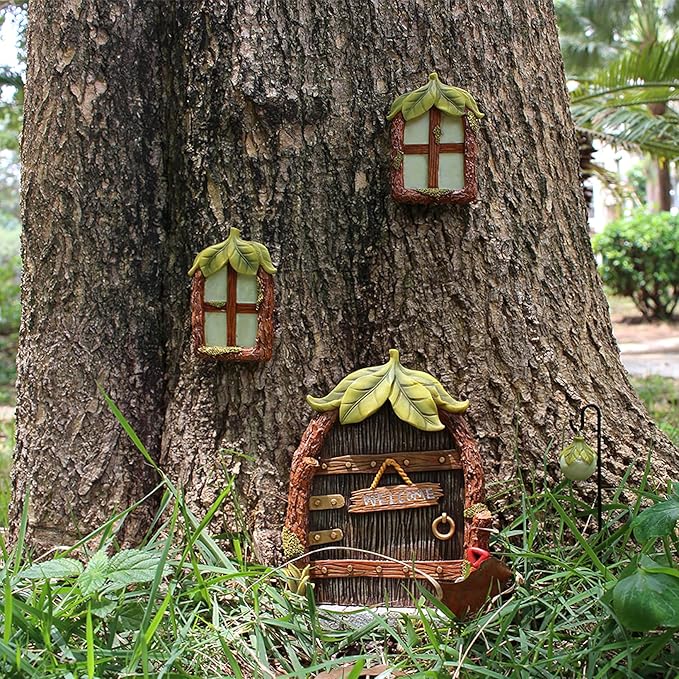 Fairy Door and Windows Garden Kit Accessories Outdoor, Glow in Dark Gnome House for Tree, Lawn Yard Art Sculpture, Miniature Garden Decor (Leaf)