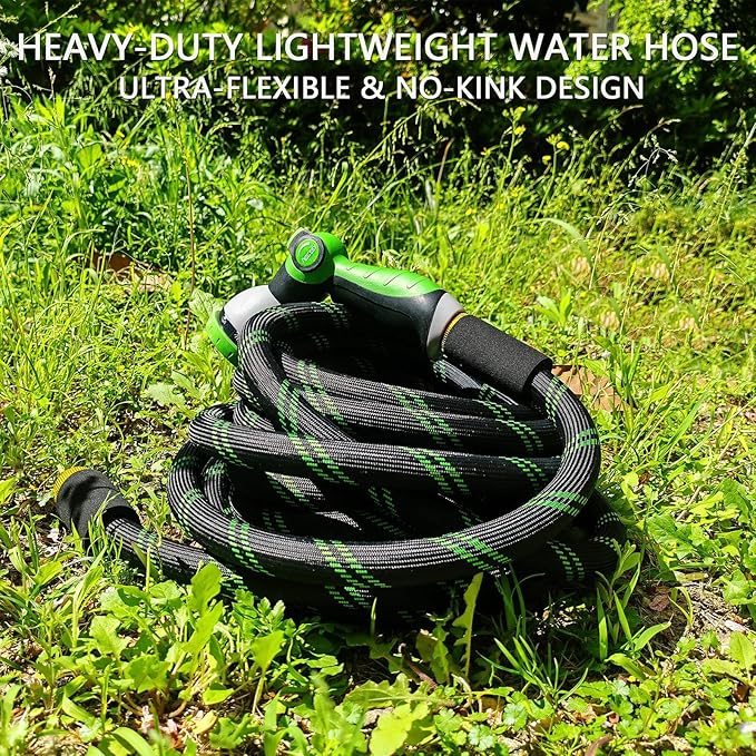 Garden Hose 50 FT, NON-EXPANDABLE Heavy-Duty Flexible & Lightweight Water Hose with 10-Function Nozzle, No-Kink Design, Leak-Proof Super Fabric, Solid Fittings for Lawn, Car, RV, Outdoor