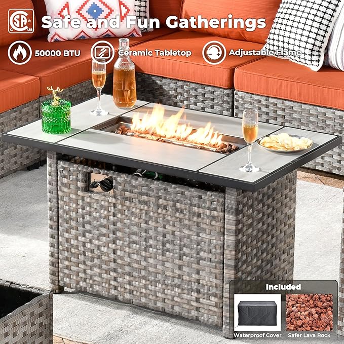 ovios 13 Pieces Patio Furniture Set, Outdoor Wicker Sectional Sofa with 42 Inch Fire Pit Table Comfy Cushions, Modern Modular Deep Seat Rattan Couch Conversation Set, Orange Red