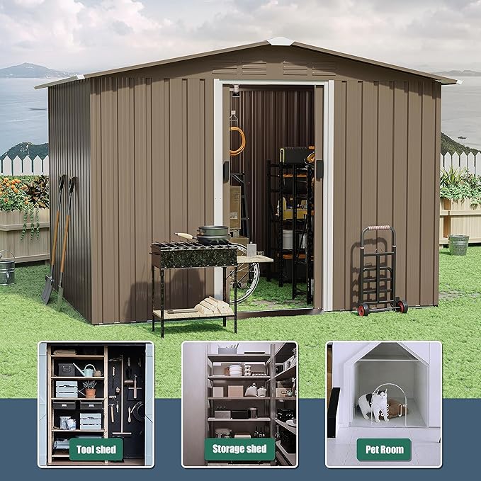 8FT x 6FT Outdoor Storage Shed, Waterproof, Lockable Door Metal Tool Shed with Sliding Door and Air Vents, Storage House for Gardening Tools, Metal Storage Shed for Garden, Backyard, Lawn