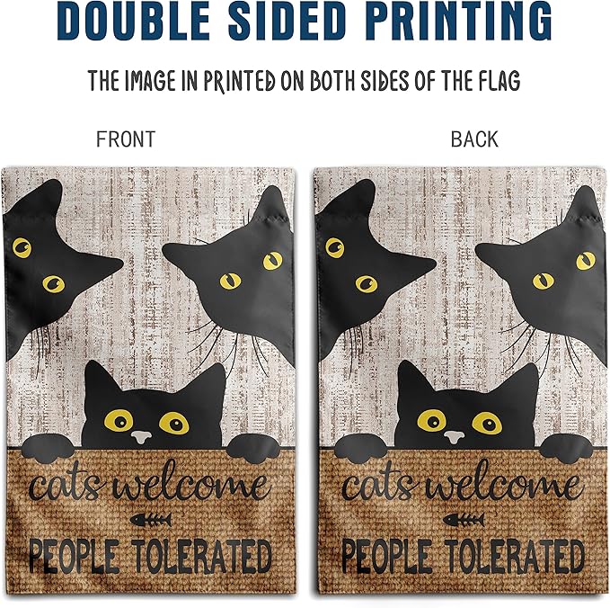 Black Cat Garden Flag Cats Welcome People Tolerated Sign Flag Halloween Banners for Outside 12 X 18 Double Sided Cat Lovers Gifts for Women