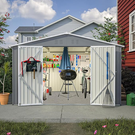 10X8 FT Outdoor Storage Shed, All Weather Metal Sheds with Lockable Doors, Tool Shed for Garden, Patio, Backyard, Lawn (Grey, 10x8ft)
