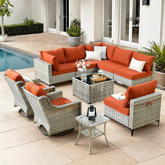 HOOOWOOO Outdoor Patio Furniture Set,10 Pieces Wicker Out Door Sectional Furniture L Shaped Couch,Patio Conversation Sets with Swivel Rocking Chair LED Table,Brick Red