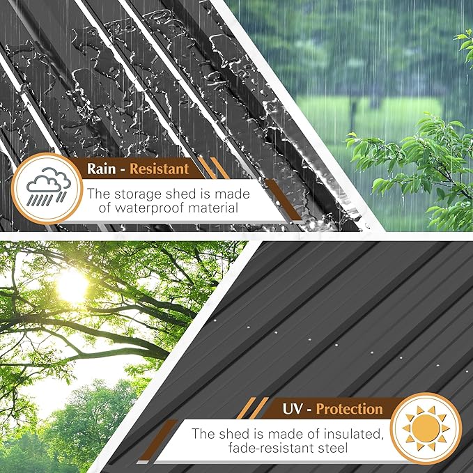 GUNJI 10 x 10 FT Shed Outdoor Storage Shed Metal Garden Shed with Lockable Door Outside Waterproof Tool Shed for Backyard, Patio, Lawn (Brown)