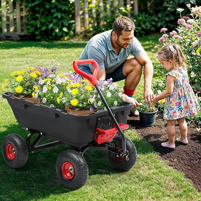 800lb Garden Dump Cart, Heavy Duty Wheelbarrow Dump Wagon with 4 Wheels&Quick-Release Dumping,Utility Wagon Carts for Yard,Farm and Garden