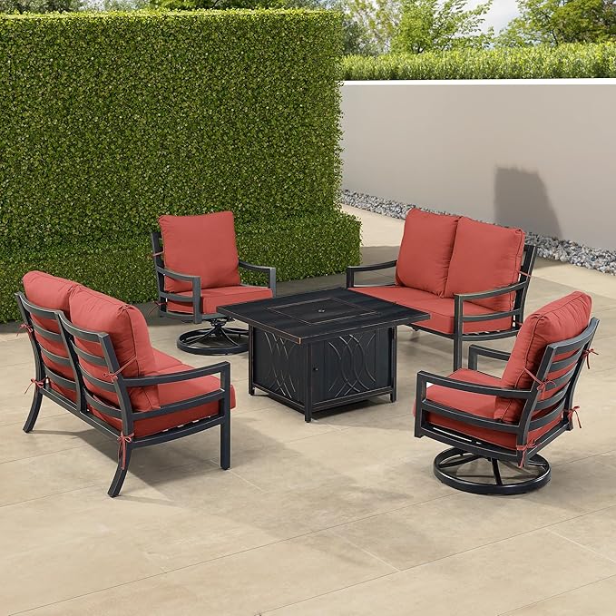 Oakland Living Black Aluminum Patio Fire Table Set with Two Deep Seating Loveseat with Cushions and Two Club Chairs with Red Cushions