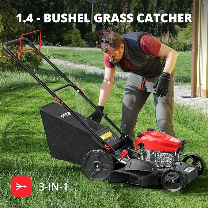 21-Inch 3-in-1 Gas Lawn Mower, Self Propelled with 170cc 4-Stroke Engine, 6-Position Adjustable Cutting Height, Side Discharge, Mulching & Rear Bag, High-Wheel Push Mower for Yard & Garden