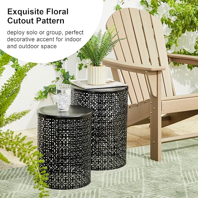 Glitzhome Outdoor Side Table Set of 2, Decorative Garden Stool for Indoor Outdoor Heavy Duty Metal Frame Accent Table Modern End Table, Glossy Black