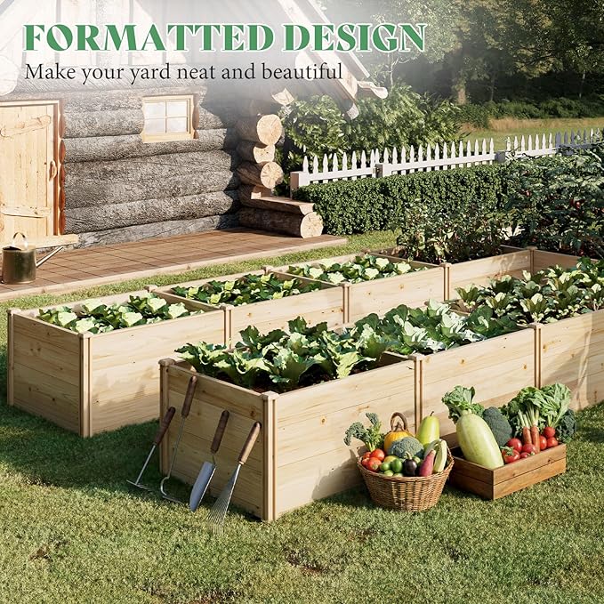 PaPaJet Wooden Raised Garden Bed for Outdoor, Nine Grid Deep Large Planter Box for Gardening, Vegetables, Flowers, Herbs（7.5× 11.9× 1.6FT）