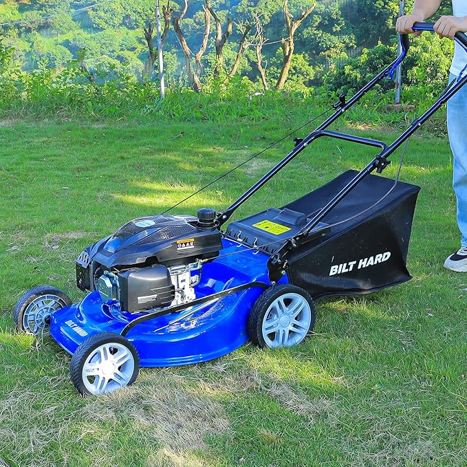 BILT HARD 21 Inch 201cc 4-Cycle Engine Push Lawn Mower, 3-in-1 Gas Lawn Mower with Bagging, Mulching and Side Discharge, Easy Start with Adjustable 8-Positions Cutting Height for Lawn, Yard, Garden