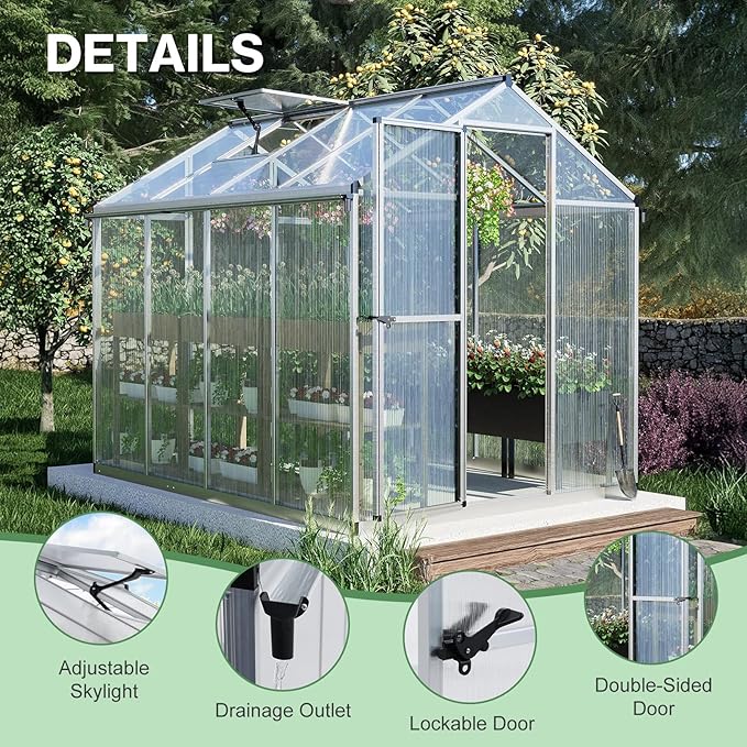 Aoodor 6 x 8 Ft Walk-in Greenhouse with Gutter, Polycarbonate and Heavy-Duty Aluminum Frame, Adjustment Skylight and Lockable 2-Sided Door for Patio, Outdoor, Yard, Lawn Use, Silver
