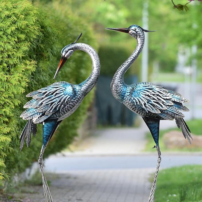 Crane Decor Statues, Blue Heron Garden Statues Metal Yard Art Outdoor Decoy, Garden Sculptures for Yard/Lawn/Pond/Outdoor Decoration, Set of 2