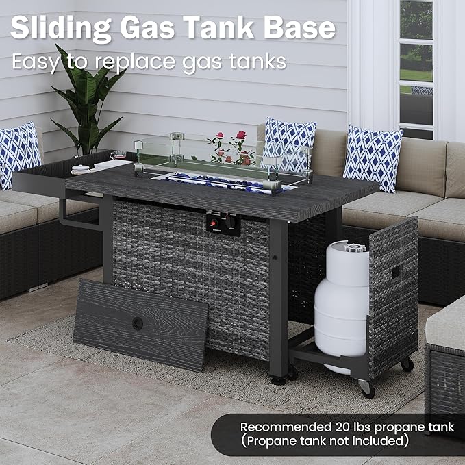 52 Inch Wicker Outdoor Fire Table, 50,000BTU Propane Fire Pit Table with Windshield, Side Basket, Rain Cover, CSA Certified, Patio Fire Pit for Garden, Backyard, Balcony, Poolside, Grey