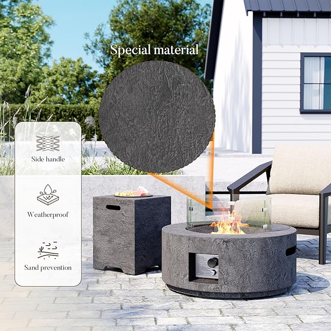 Cosiest Propane Fire Pit with Wind Guard&Tank Cover for Outside, 28 in Round Gas Fire Pits for Outdoor Patio, CSA Certified, 50000 BTU Concrete Rectangle Base with Rain Cover, Free Lava Rocks