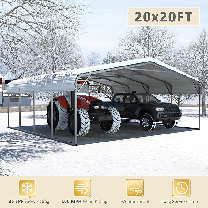 MUPATER 20' x 20' Heavy Duty Canopy for Garage, Outdoor Metal Carport Canopy, Car Garage Shelter with Innovative Assembly Metal Roof and Frame for Car, Boat,Cream White