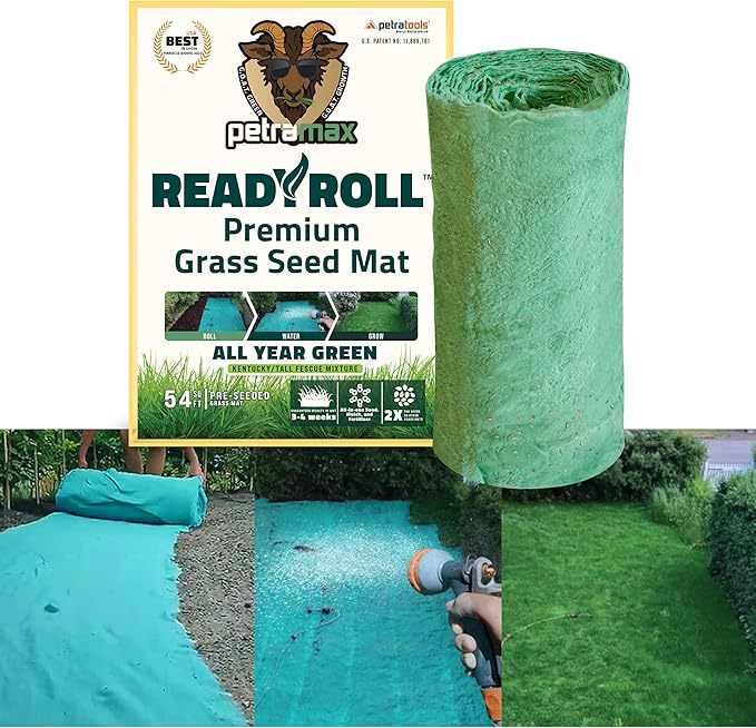 PetraMax ReadyRoll Biodegradable Grass Seed Mats for Lawns - Roll Out Mat with Tall Fescue & Kentucky Blue Grass Seeds for Lawn - Great Patch Repair, New Lawn or Erosion Control (Kentucky, 216 Sq Ft)