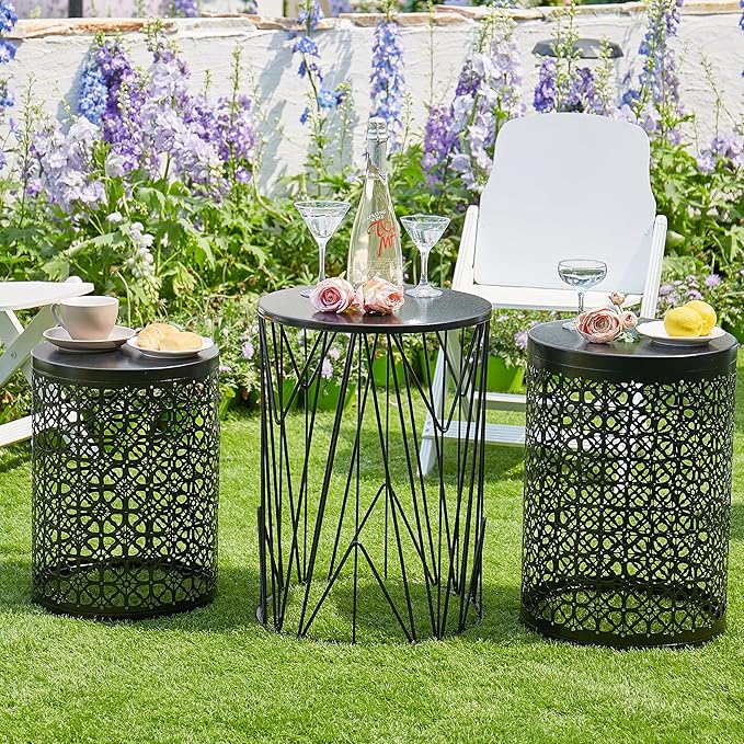 Y&M Set of 3 Stacking Coffee Table for Living Room, Nesting Side Table,Indoor End Tables for Bedroom, Outdoor Decorative Garden Stool with Heavy Duty Metal Frame Modern Industrial Decor - Black