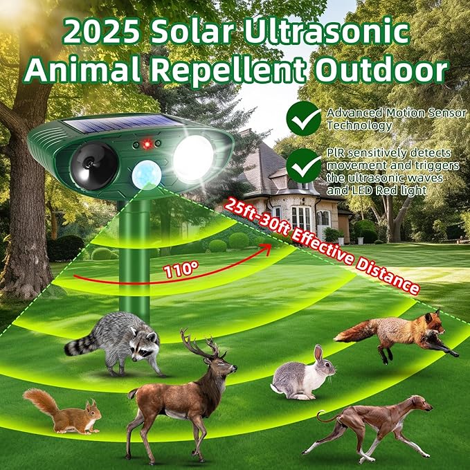 2 Pack Solar Animal Repellent Ultrasonic Outdoor Squirrel Fortress Pro, Deer Repellent Devices with Motion Sensor & Strobe Light,Waterproof Cat Dog Raccoon Rabbit Deterrent for Garden Yard