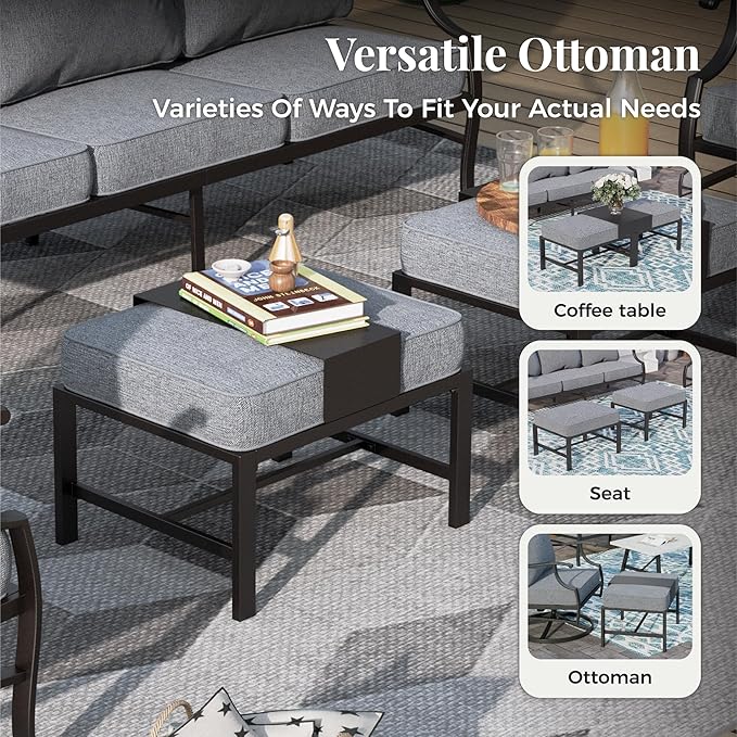 Patio Furniture Set 7 pcs, Outdoor Patio Furniture, 3-Seat Sofa, 2 Single Chairs, 2 Swivel Chairs, 2 Ottomans and 5.75" Extra Thick Cushion, Patio Conversation Set for Backyard Deck,Grey