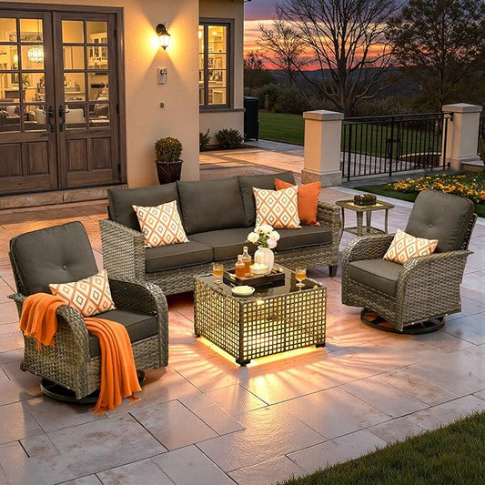 ovios 5 Pieces Patio Furniture Set, Outdoor Wicker Sofa Couch with Rocking Swivel Chairs Solar Lights Table, Modern Deep Seat Rattan Conversation Sets for Porch Deck, Black